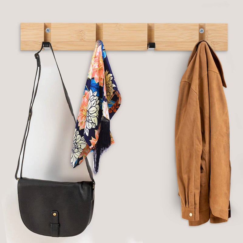 KYSMOTIC Wall Mounted Coat Rack with Foldable Hooks - Modern Space-Saving Wooden Entryway Organizer for Coats, Bags, Hats, Keys (4 Hooks, Natural Finish - Image 2